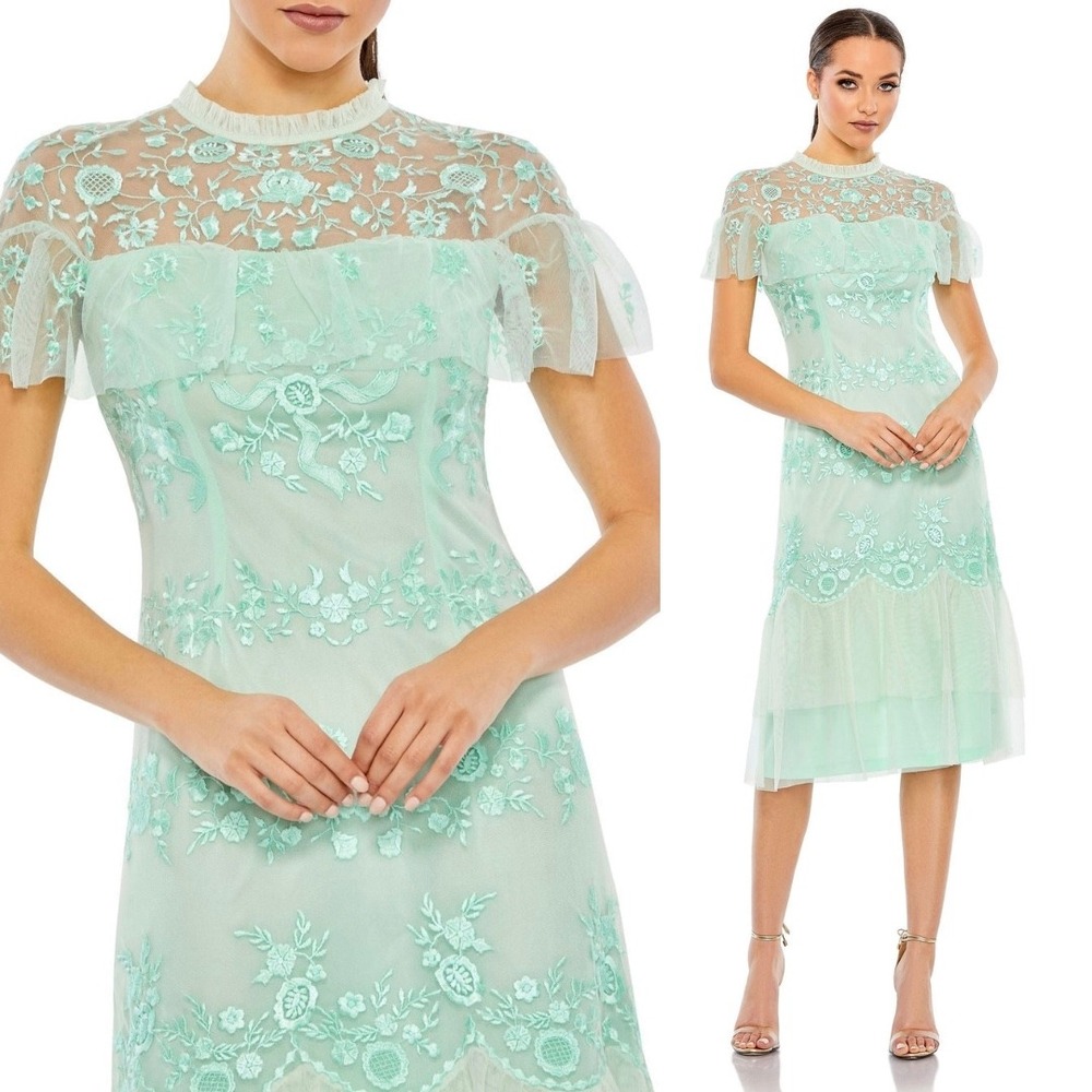 Mac Duggal NEW Mint Embroidered Ruffled Cap Sleeve Midi‎ Dress A35147 - Size 18